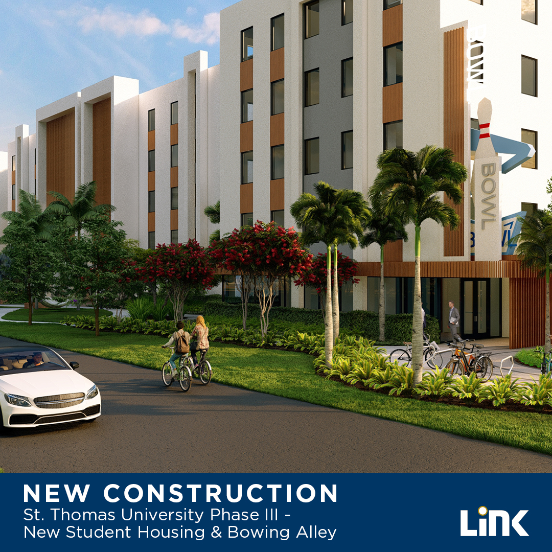 LinkConstGroup's tweet photo. Our newest student housing community is in Miami Gardens this month. The new St. Thomas University Dormitory and Bowling Alley project will feature a 5-story building with 545 beds. This will be Link’s fourth student housing project on this campus. https://t.co/ojYyTdMnFs