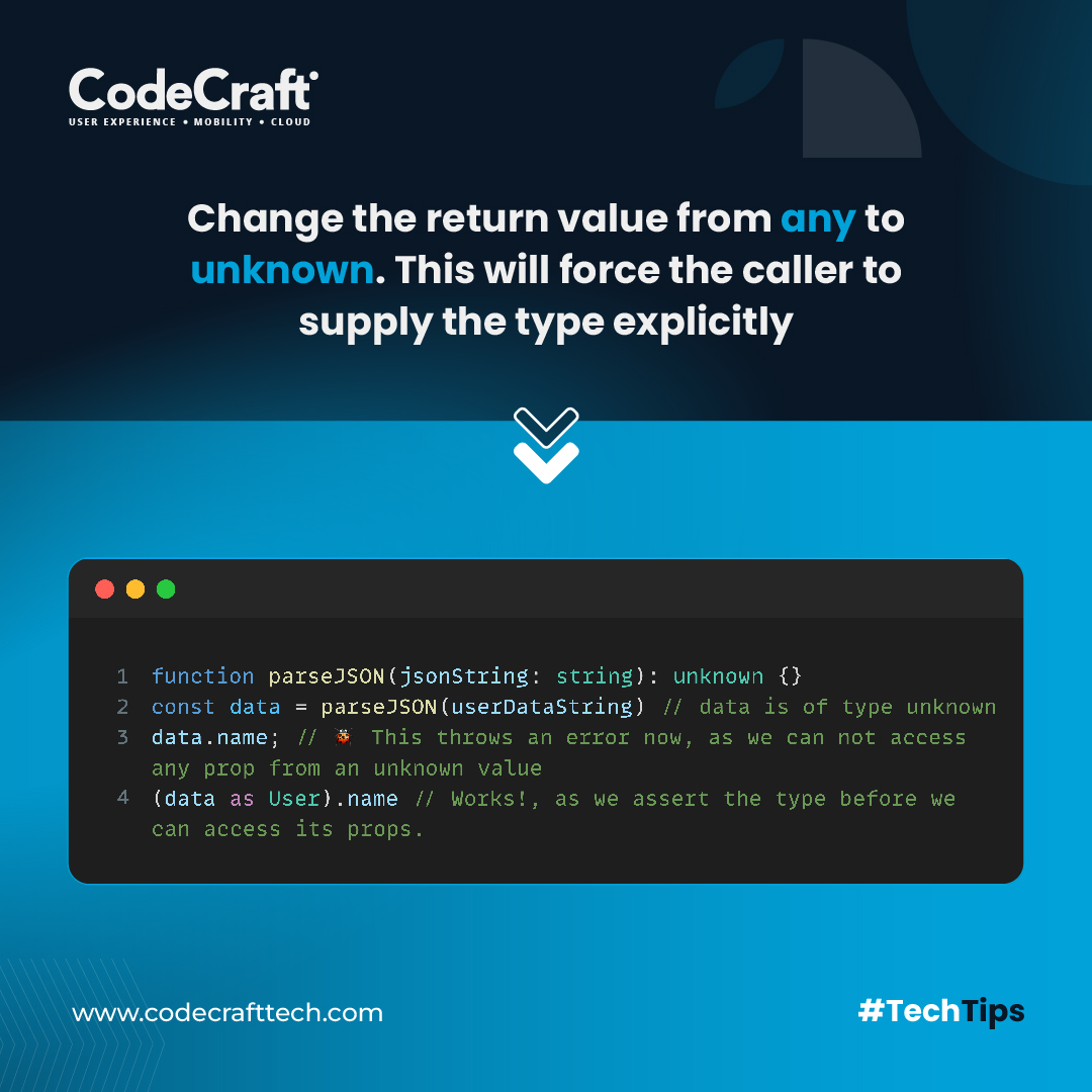 codecrafttech's tweet image. Don't opt out of type safety with any. Use unknown and demand a proper type supplied at the point of use!
Check out this #TechTips!
#CodeCraftTech #git #Coding #CodingLife #Programming #TechTips #TypeScript