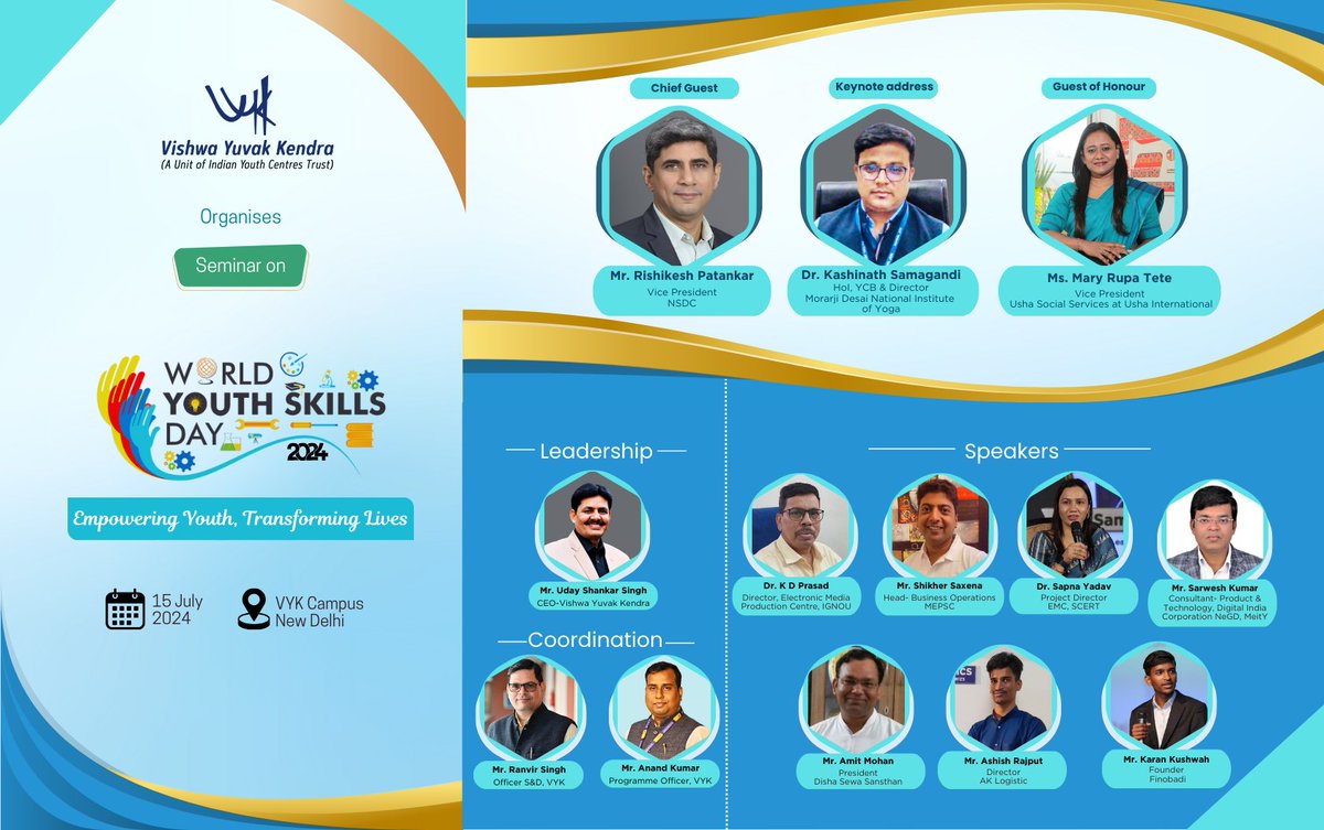 VYKIndia's tweet photo. We are honoured to welcome our distinguished guests & speakers to our seminar on World Youth Skills Day on 15th July 2024 at VYK campus.
Register now at https://t.co/UW16CZ8vCI
#YouthPower #SkillsForTheFuture #IndiaRising #WorldYouthSkillsDay #vykseminar #youthdevelopmemt https://t.co/oQaCw5AIBn
