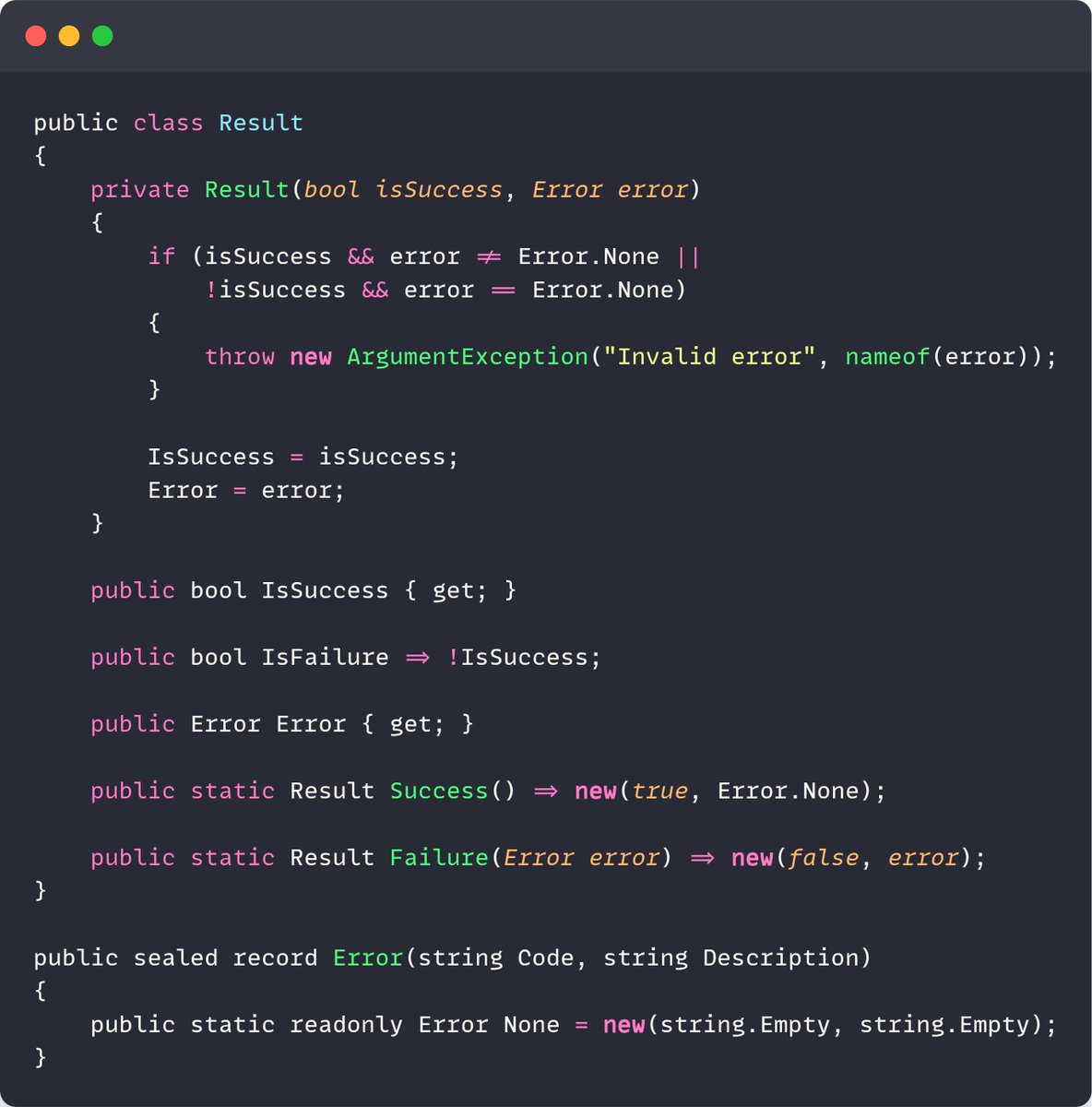 mjovanovictech's tweet image. Here's a simplified Result class implementation that I use in my projects.
I use it to make it explicit that a method can fail. The result carries an error describing what went wrong.
No more throwing exceptions.
Much more explicit public API.