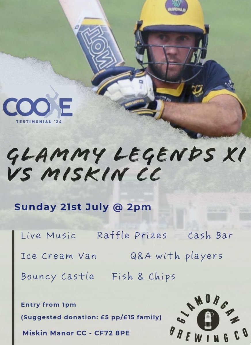 CHECK THIS OUT !! 

We are delighted to welcome <a href="/GlamCricket/">Glamorgan Cricket</a> legend <a href="/Cooky_24/">Chris Cooke 🇿🇦 🏴󠁧󠁢󠁷󠁬󠁳󠁿</a> and his colleagues to our ground on 21st July all the details are in the picture 😃 🏏 🍻 🍦