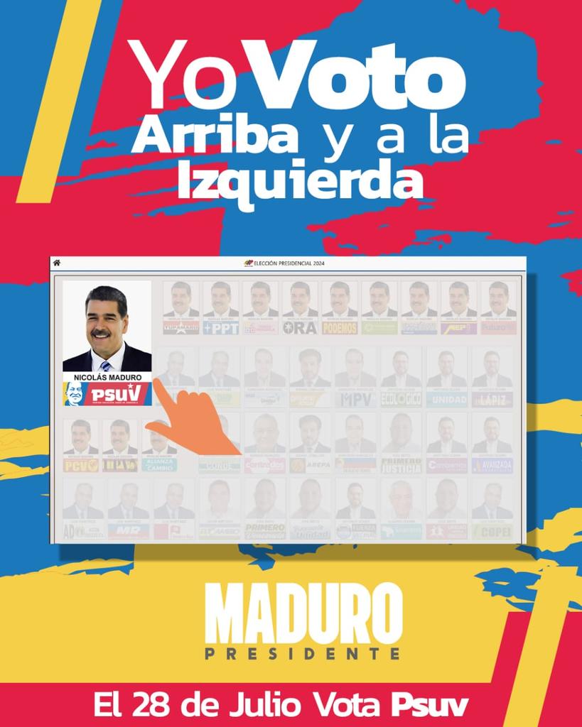 🚩PSUV🚩
Este 28 de Julio Yo Voto ARRIBA Y A LA IZQUIERDA.
YO VOTO PSUV!!!

NICOLAS MADURO PRESIDENTE!!! 
#11Jul
<a href="/NicolasMaduro/">Nicolás Maduro</a> <a href="/dcabellor/">Diosdado Cabello R</a> <a href="/pinfantea/">Pedro Infante A.</a> <a href="/pinfantea/">Pedro Infante A.</a> <a href="/PartidoPSUV/">PSUV</a>