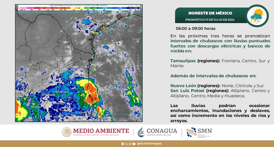 conagua_clima's tweet photo. En las próximas horas, se pronostican #Lluvias puntuales fuertes y #DescargasEléctricas en regiones del noreste de #México. https://t.co/2ASEHexaKK