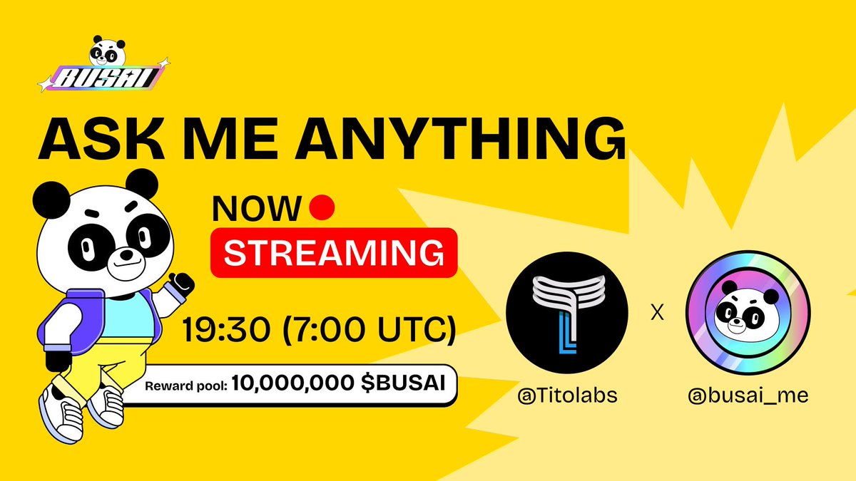 busai_me's tweet photo. All check, 3, 2, 1… We’re #LIVE! 🎬
Pals! 🐼
#BUSAI is thrilled to announce our debut live on #Binance Square for an awesome #AMA with #Titolabs. This is the perfect chance to showcase our panda-beauty to the world!
Don’t miss out—join the live stream right here: https://t.co/DSXdFU3jbQ ✨