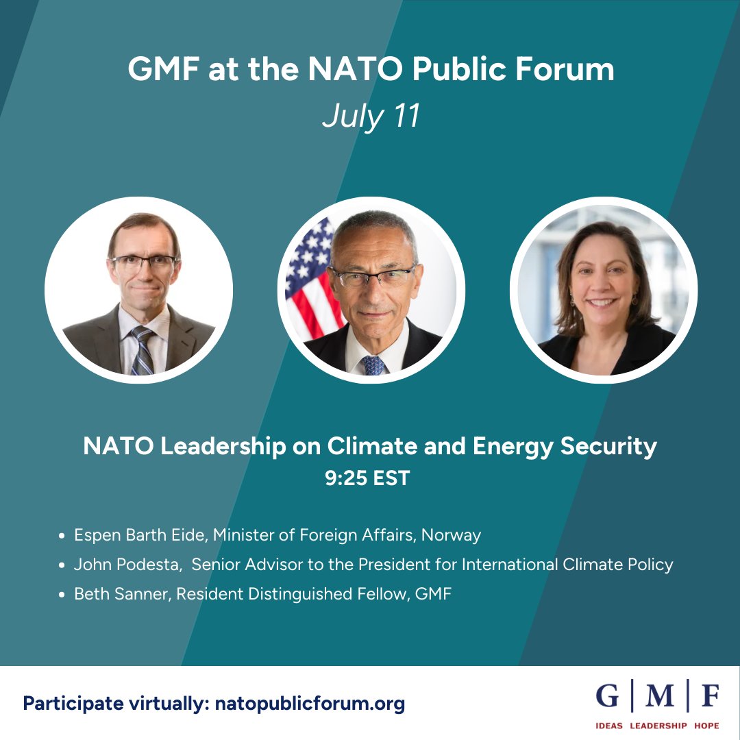 gmfus's tweet photo. TODAY, tune into panels featuring GMF experts at the @NATO Public Forum:

🌊 9:25 EST: NATO Leadership on Climate and Energy Security, featuring: @EspenBarthEide, @johnpodesta,  GMF Distinguished Fellow Beth Sanner

📺 Watch live here: https://t.co/8d8dcfm8xW https://t.co/BJzw99lwLN