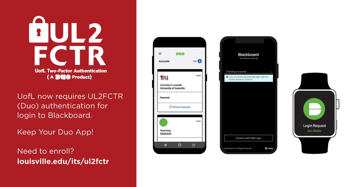 UofLDRC's tweet photo. Just a reminder that UofL now requires UL2FCTR authentication for Blackboard. For more information on UL2FCTR and using Duo, see ITS’s UL2FCTR webpage at https://t.co/x1fIOil6nX Or, for more help, contact the ITS HelpDesk at https://t.co/MYRe6vRumR, or (502) 852-7997. https://t.co/pRd9PmeGdm