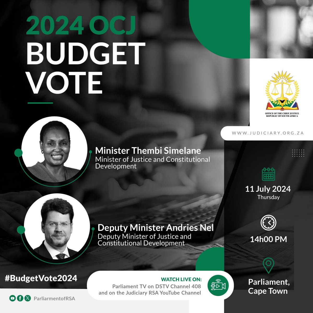 OCJ_RSA's tweet photo. WATCH LIVE: Office of the Chief Justice Budget Vote (Vote 27), 11 July 2024 at 14h00.
Broadcast details:
JudiciaryRSA YouTube channel - https://t.co/H3eGL6P3h4 (direct link)
#OCJ #BudgetVote2024 #Vote27 https://t.co/QcyNtwWYdm