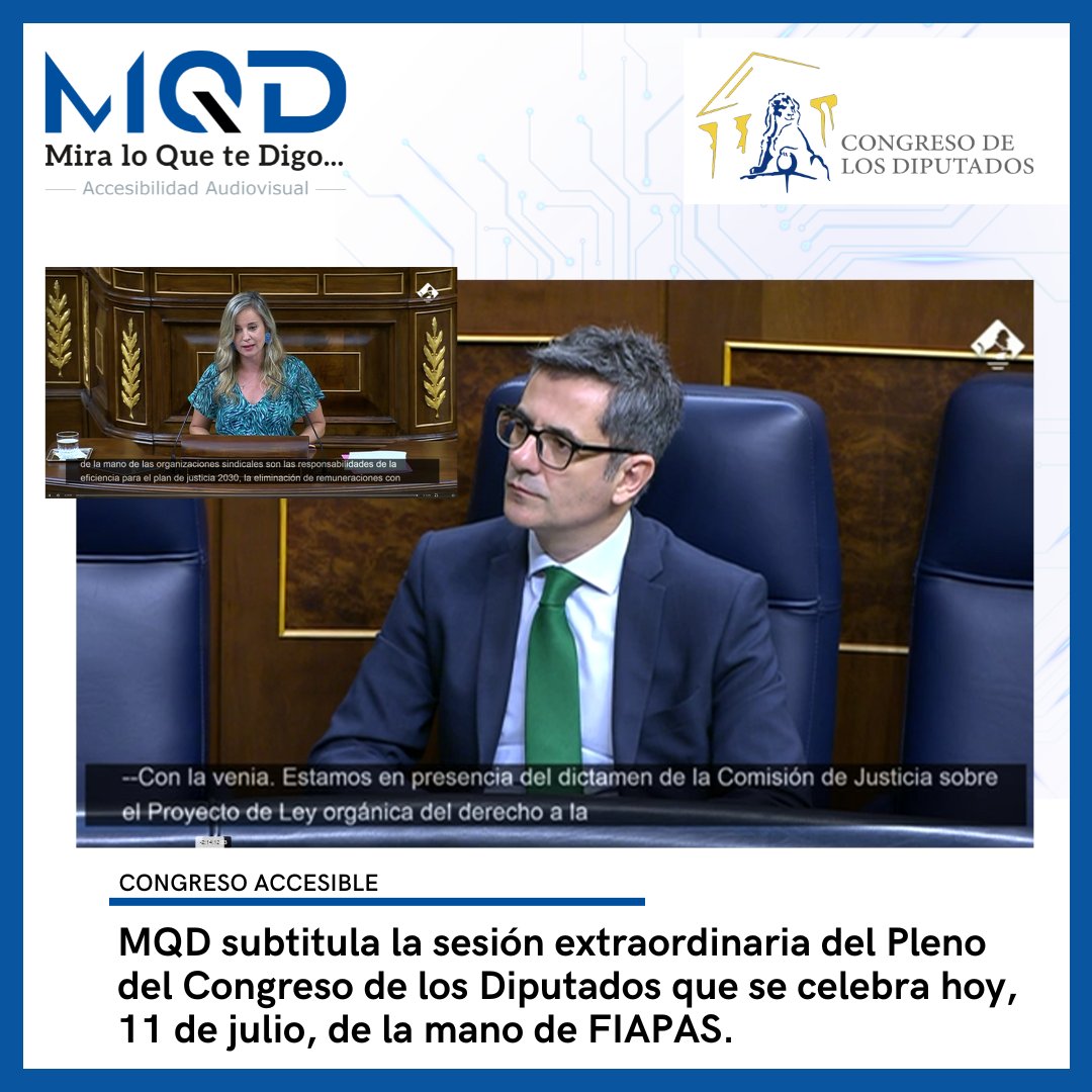 MQDAccesible's tweet photo. MQD, de la mano de @FIAPAS, subtitula la sesión extraordinaria del Pleno del Congreso de los Diputados de hoy donde se han trabado dictámenes y debates de varias iniciativas legislativas relacionadas con la defensa, los derechos de consumidores y el estatuto del Ministerio Fiscal https://t.co/cdp40lLaKp