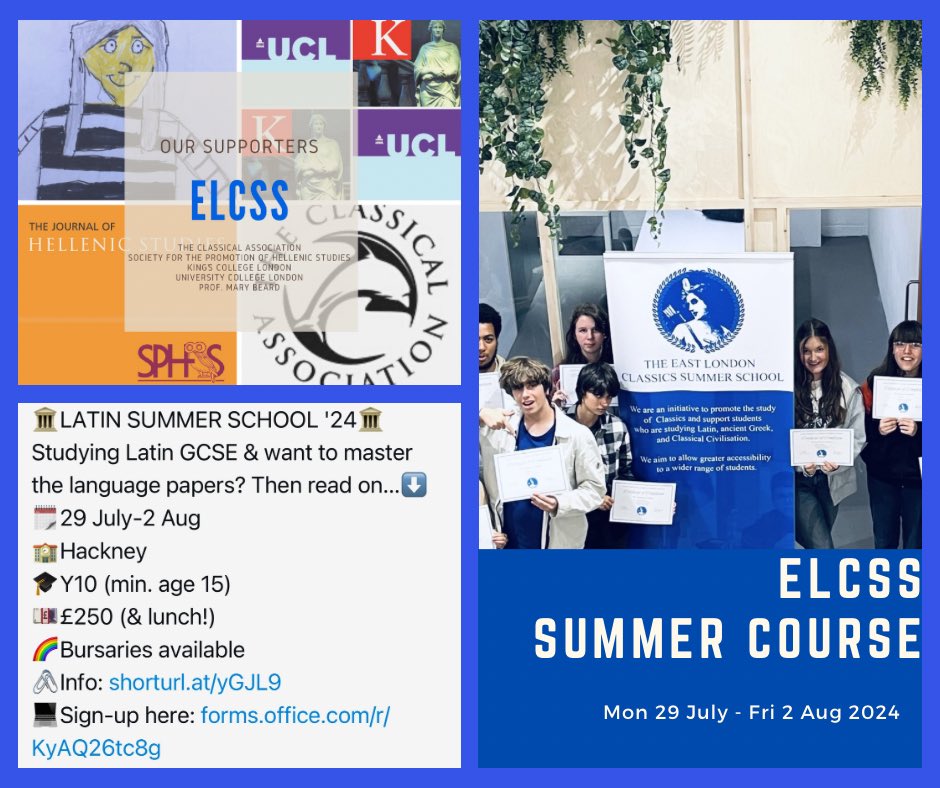 ‼️Last few spots available‼️
🏛️Latin Summer School🏛️
🗓️29 Jul-2 Aug '24
🌈FINANCIAL SUPPORT AVAILABLE 💬Please enquire! 
📍Hackney - BEAUTIFUL VENUE⬇️
🎓Yr10 (age 15+)
💷£250 (+ lunch)
💻Apply: forms.office.com/r/KyAQ26tc8g