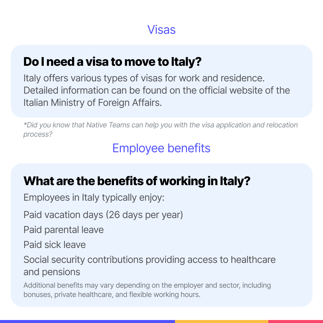 Ever dreamt of living La Dolce Vita in Italy?🇮🇹
From the lively streets of Rome to the breathtaking views of Venice, we've got you covered. From living costs to job opportunities, visa requirements, and local perks,  Native Teams is your guide to making Italy your new home.🍝🏛️