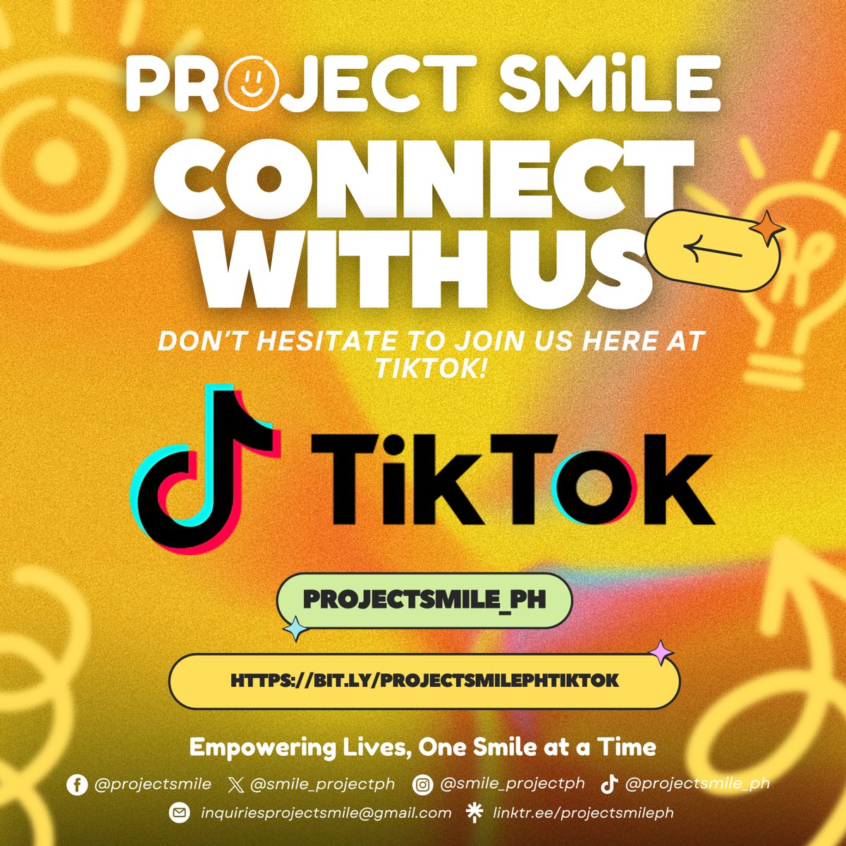 SMiLE_ProjectPH's tweet photo. Exciting news! Project SMiLE PH is now on TikTok! We’re here to connect with everyone, especially our youth. Follow us @projectsmile_ph for inspiring content, meaningful conversations, and a supportive community. Together, we can make a difference! 📷 #ProjectSMiLE #BraveSpace https://t.co/ofEA4RPigx