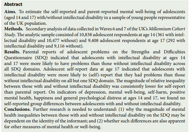 The #mentalhealth and well-being of adolescents with/without intellectual disability in the UK 

link here👇
 bit.ly/4639gdy