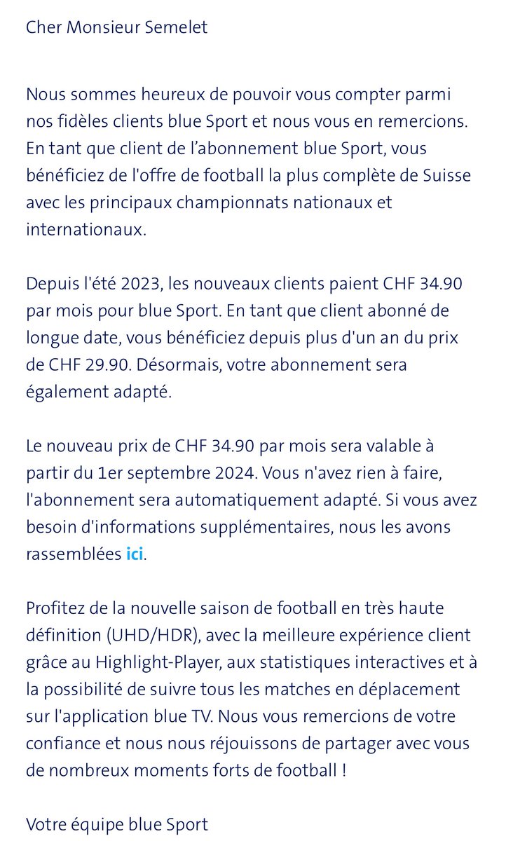 FrankSemelet's tweet photo. @blueSport_fr @blueSport_de Vieil abonné, je dois donc payer 5.- de plus par mois pour un service duquel viennent de disparaître les ligues italiennes et françaises ? C’est ça le deal ? Merci de me proposer de ne rien faire pour adapter l’offre, j’aurais oublié. #bluesport https://t.co/NxtpnEtZKa