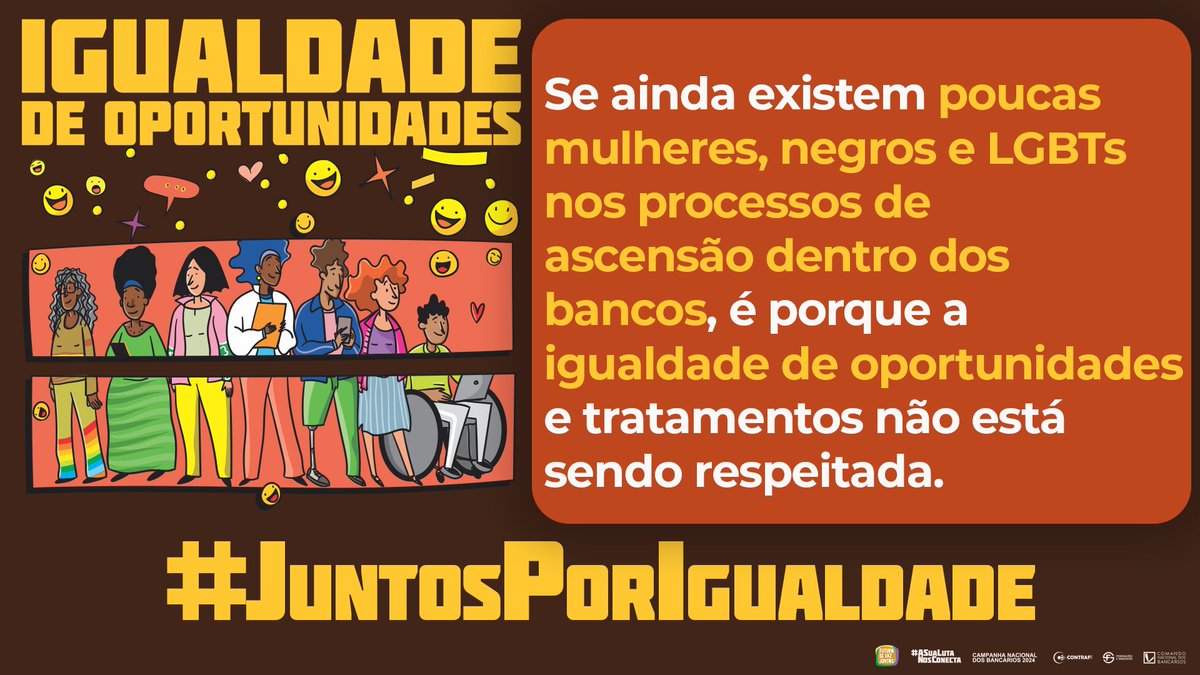 Contraf_CUT's tweet photo. Se ainda hoje existem poucas mulheres, negros e LGBTs nos processos de ascensão dentro dos bancos é porque a igualdade de oportunidade não está sendo respeitada, @Febraban! #JuntosPorIgualdade https://t.co/iYqpaHqnT5