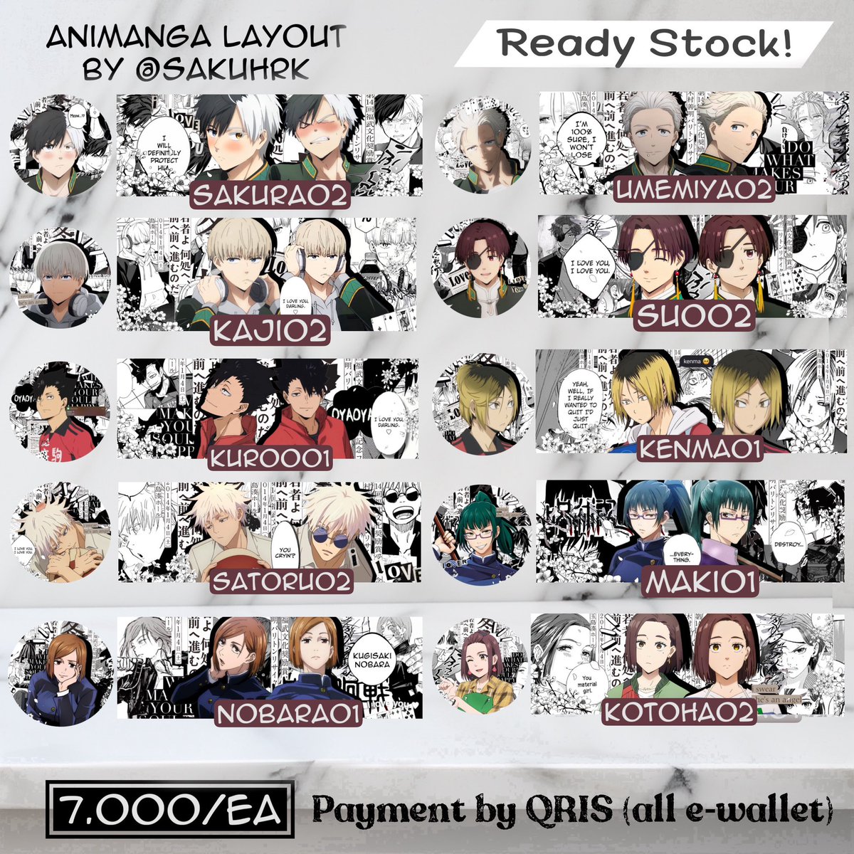 sakuhrk's tweet image. Help rt please?

Halo warga! yuk yang cari leot winbre/jjk/haikyuu/bsd/kny readystock nih. Start only 7k bisa request karakter/anime lain juga yaap dm aja hihi^^ 

#zonauang #zonajajan #zonaba layout anime wind breaker jujutsu kaisen hq demon slayer custom