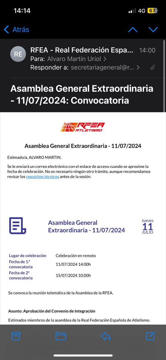 Alvaroatletismo's tweet image. Que alguien me explique que se convoque una Asamblea General Extraordinaria para hoy a las 14:00 (en primera convocatoria) y envíen el correo con la información…

Hoy a las 14:00 😂

Y esto, @atletismoRFEA ?