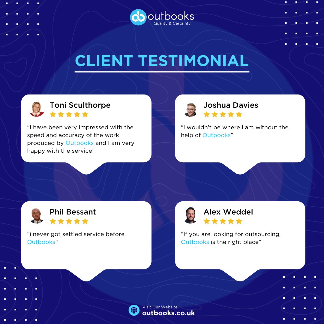 Check Out What Our Clients are Saying!
Our clients rave about Outbooks' seamless outsourcing accounting services and love to work with us...
Get a free consultation today!
#ClientTestimonials #OutsourcedAccounting #AccountingServices #Outbooks #UKaccountants