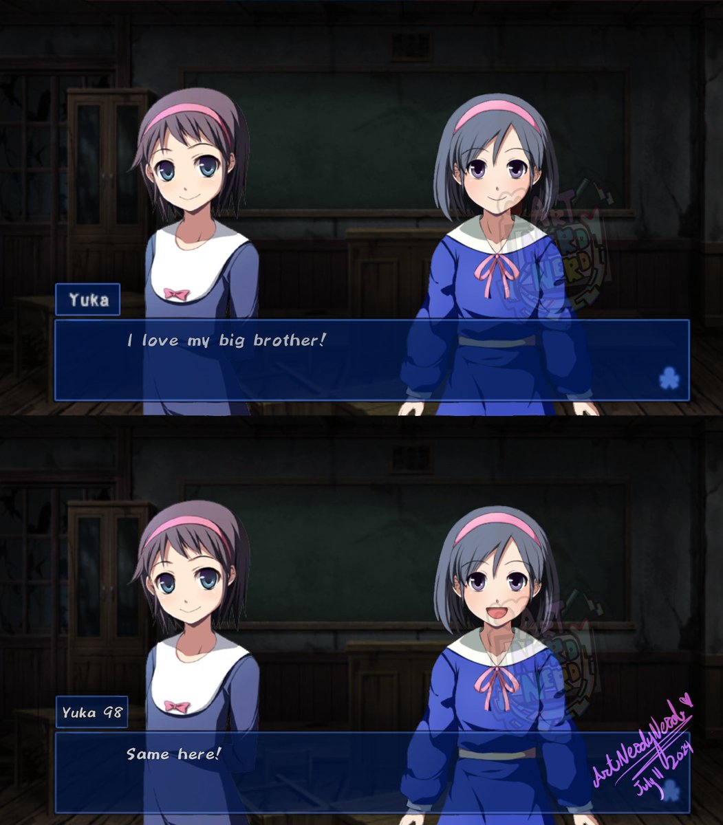 ArtNerdyNerd's tweet photo. "Yu-ka"tta be kidding me! 2 of them?? What will Satoshi do now??
#corpseparty #horrorgame #RPG #yuka #Mochida #digitalart #Xseed https://t.co/pH8IZkVVY9