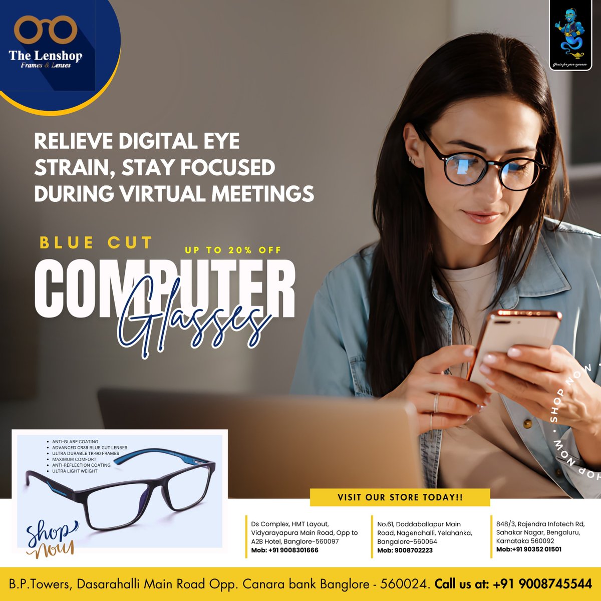 spectsgenie's tweet photo. 🕶️ The Lenshop Frames & Lenses
RELIEVE DIGITAL EYE STRAIN, STAY FOCUSED DURING VIRTUAL MEETINGS
💻 BLUE CUT LENSES
✨ UP TO 20% OFF
👓 COMPUTER Glasses
🛒 SHOP NOW
📞 Mob: +91 9008301666
📞 Mob: +91 9008745544
#TheLenshop #BlueCutLenses #ComputerGlasses #AntiGlare https://t.co/xJ2o8hisAS