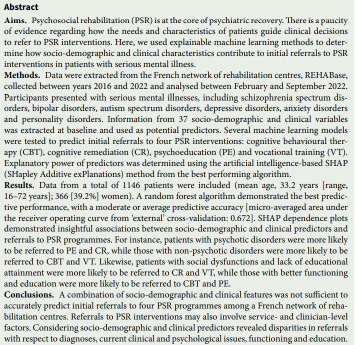 Contribution of socio-demographic and clinical characteristics to predict initial referrals to psychosocial interventions in patients with serious mental illness 
link here 👇
bit.ly/3Wid9YE

#mentalhealth #EpyPsychSci