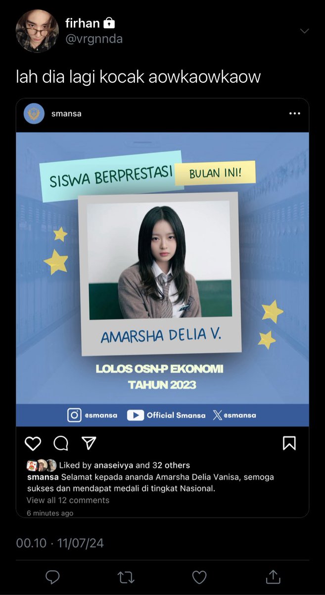 lavteria's tweet photo. #phamdori few tweets au
——

firhan sebel banget soalnya hampir tiap hari senin yg maju ambil piala pas upacara marsha mulu, TERUS FEEDS IG SEKOLAHNYA JUGA ISINYA MARSHA MULU, emangnya murid berprestasi di sekolah ini cuma marsha apa gimana sih? https://t.co/l581ZXkRce