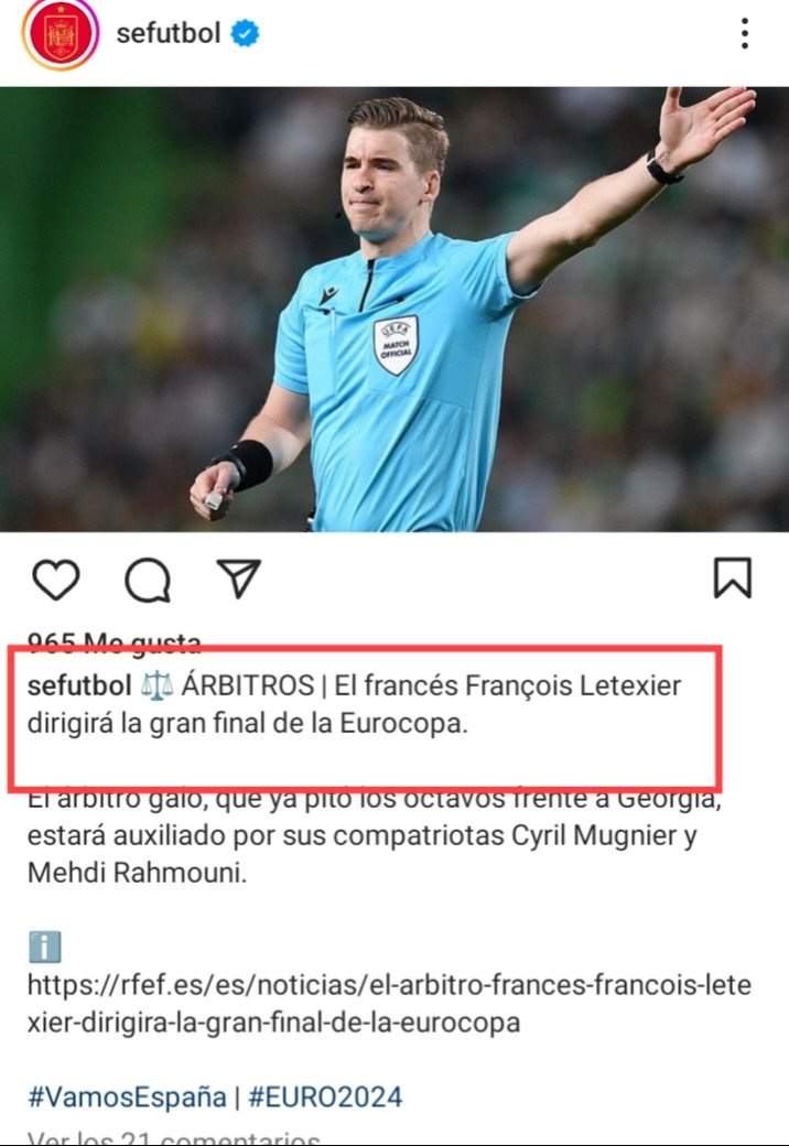 albertarcas14's tweet photo. No me parece justo. Después de que España eliminará a Francia en semifinales no me parece lo correcto que la final sea arbitrada por un árbitro francés. Y estoy seguro de que si el árbitro fuera holandés Inglaterra diría lo mismo. https://t.co/uJ4xnPQh96