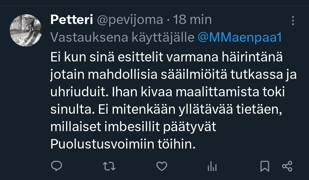 MMaenpaa1's tweet photo. Ja edelleen nimimerkkitilit internetistä varatettuine profiilikuvineeen ilman yhtään omaa sisällön tuotantoa profiilissaan jatkavat kohteliasta keskustellaan. #häirintä #trollaus https://t.co/XbNoX0gh1S
