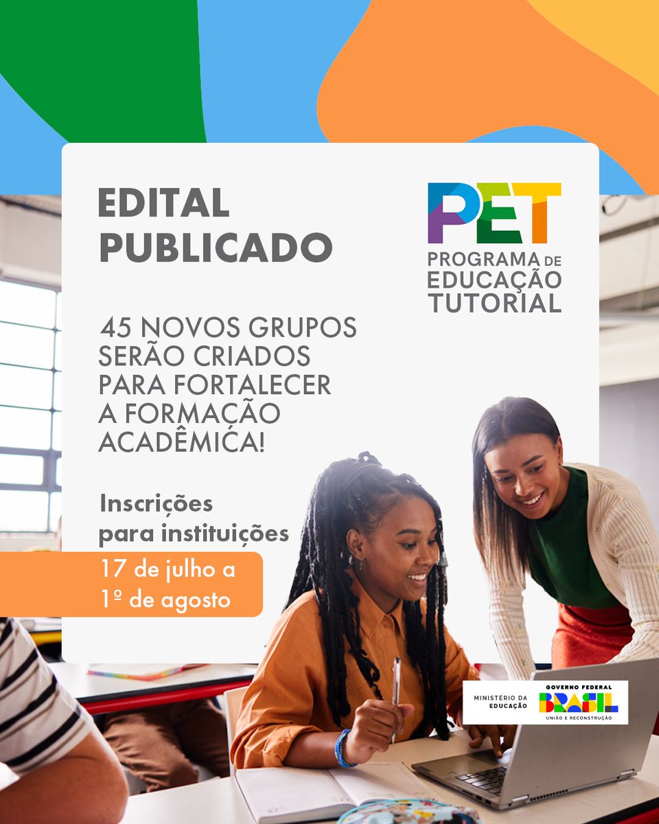 min_educacao's tweet image. O MEC publicou o edital de convocação das instituições para criação de 45 novos grupos no âmbito do Programa de Educação Tutorial (#PET). As inscrições serão entre os dias 17/7 e 1º/8. Previsão de resultados no dia 16/9.

Saiba mais: gov.br/mec/pt-br/cent… #Tutoria