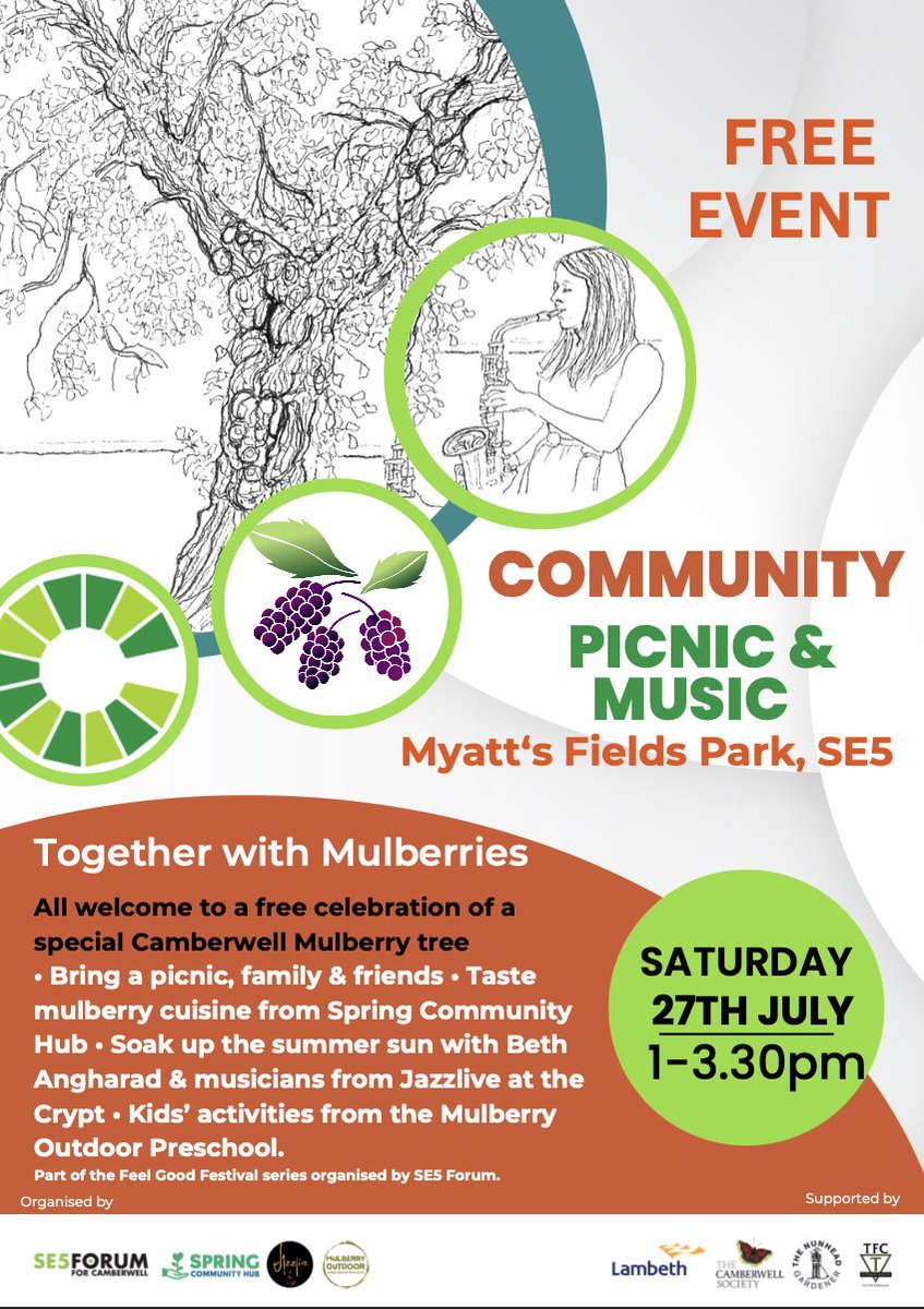 Spring Community Hub (@springcommhub) on Twitter photo <a href="/SE5Forum/">SE5 Forum Camberwell</a> is organising a community picnic at Myatt‘s Fields Park on Saturday 27th July
All welcome to a free celebration of a special Camberwell Mulberry tree, including mulberry cuisine provided by us at Spring Community Hub
FREE - EVERYONE WELCOME! <a href="/SE5Forum/">SE5 Forum Camberwell</a> is organising a community picnic at Myatt‘s Fields Park on Saturday 27th July
All welcome to a free celebration of a special Camberwell Mulberry tree, including mulberry cuisine provided by us at Spring Community Hub
FREE - EVERYONE WELCOME!