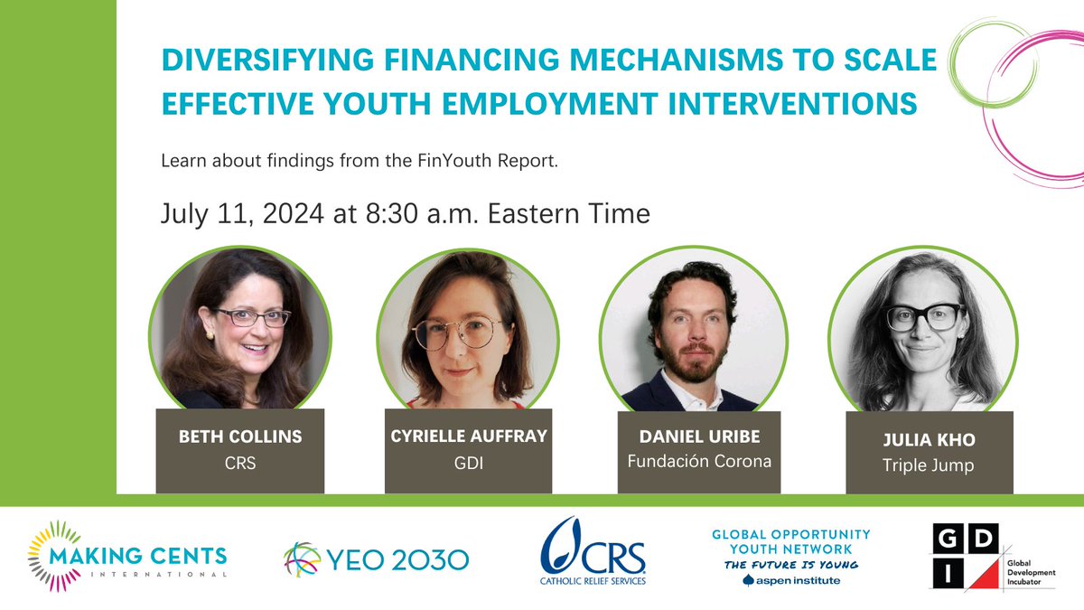 Starting now! Join #YEO2030 with CRS, GYON, and GDI for an insightful webinar on financing solutions for #youth employment and entrepreneurship. Don’t miss your chance to learn about findings from the FinYouth Report. Learn more:
ow.ly/kbaC50SmlBA