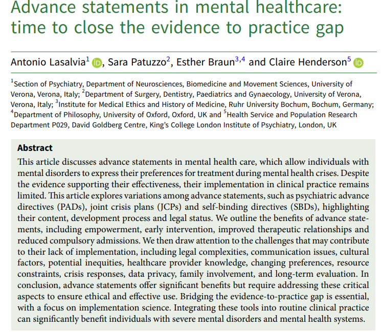 Advance statements in mental healthcare: time to close the evidence to practice gap 

link here👇
bit.ly/3XY6YKE