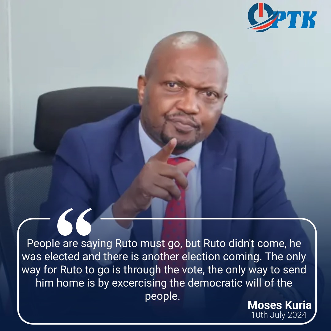 In a statement made on July 10, Moses Kuria, addressed the growing calls for President William Ruto’s resignation. Responding to the popular chant, “Ruto must go,” Kuria emphasized the importance of democratic processes and the upcoming elections.
pachatatakenya.co.ke/2024/07/11/mos…