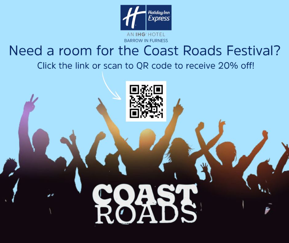 Coming for the <a href="/coastroadsfest/">Coast Roads Festival</a> and need a room?

Scan the QR code below or book via bit.ly/Coast-Roads-Fe… to receive 20% off your room! 🎸🥁🎵

#CoastRoadsFestival #BarrowinFurness