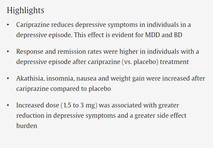 More medication options for #BipolarDepression will allow better long-term treatment for this condition. Our #systematicreview showed Cariprazine has efficacy in treating major depressive episodes although this varies between those with BD and MDD: shorturl.at/JTbhI RT