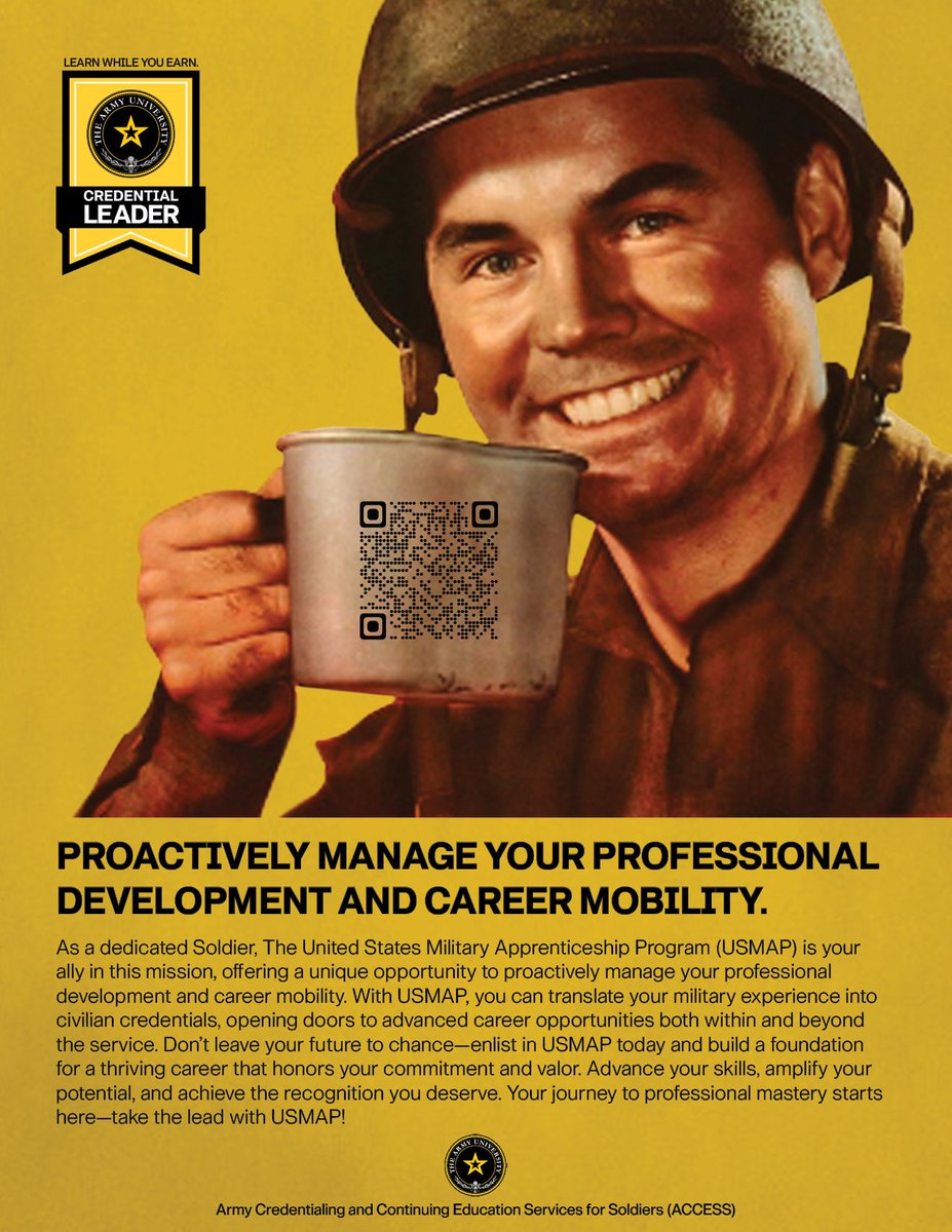 ArmyUniversity's tweet photo. United Services Military Apprenticeship Program (USMAP)
Proactively manage your professional development and career mobility.
#readiness #DoD #DOL #USMAP #apprenticeships #USAREC #VictoryStartsHere #USArmy #education #ARNGEducation #ArmyNationalGuard #ArmyNationalGuardEducation https://t.co/9k5yMtg6sO