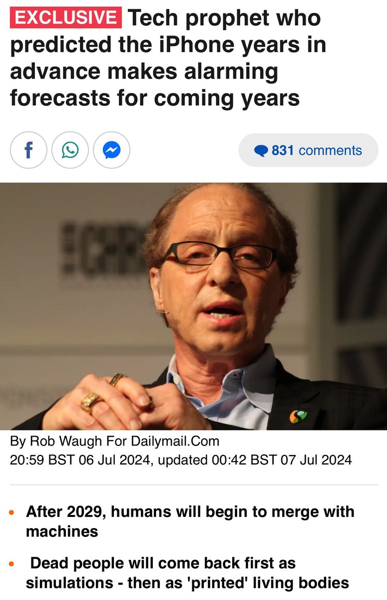 TomValentinoo's tweet photo. Veteran tech expert Ray Kurzweil has accurately predicted tech trends like the iPhone and AI chatbots. Now he predicts:

- Human brains will merge with AI by 2045.
- We'll interact with virtual recreations of deceased loved ones.
- Brains will connect to cloud tech, ushering in a new era of intelligence.
- AI will surpass human intelligence, posing risks.
- Advanced synthetic bodies will be available by the 2040s.
- Human intelligence will exponentially grow with machines post-2029.
- Immortality efforts will increase after 2030.
- AI will speed up drug development and make life cheaper.
- Robots will rapidly build skyscrapers using 3D printing.
- Solar energy costs will drop thanks to AI.