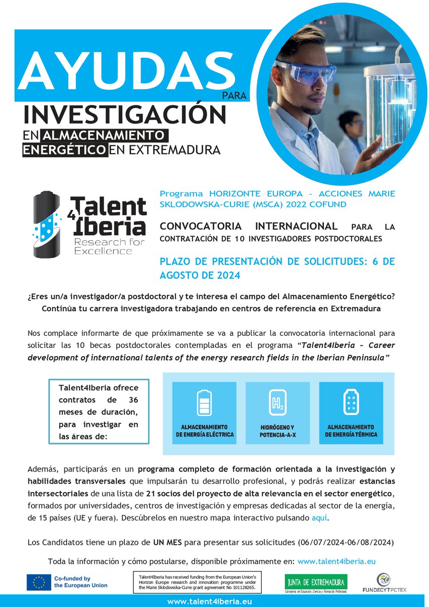 FundecytPCTEX's tweet photo. ¡Continúa tu carrera investigadora #Extremadura!

Ya está abierto el plazo de solicitud para las 10 #BecasPostdoctorales en #AlmacenamientoEnergético del programa #MSCA #Talent4Iberia.

¡Hasta el 6 de agosto!

Info ➡️ https://t.co/6zPj2lhww9

#EUInnovation #HorizonEU

👇👇👇 https://t.co/FP2aos1Zin