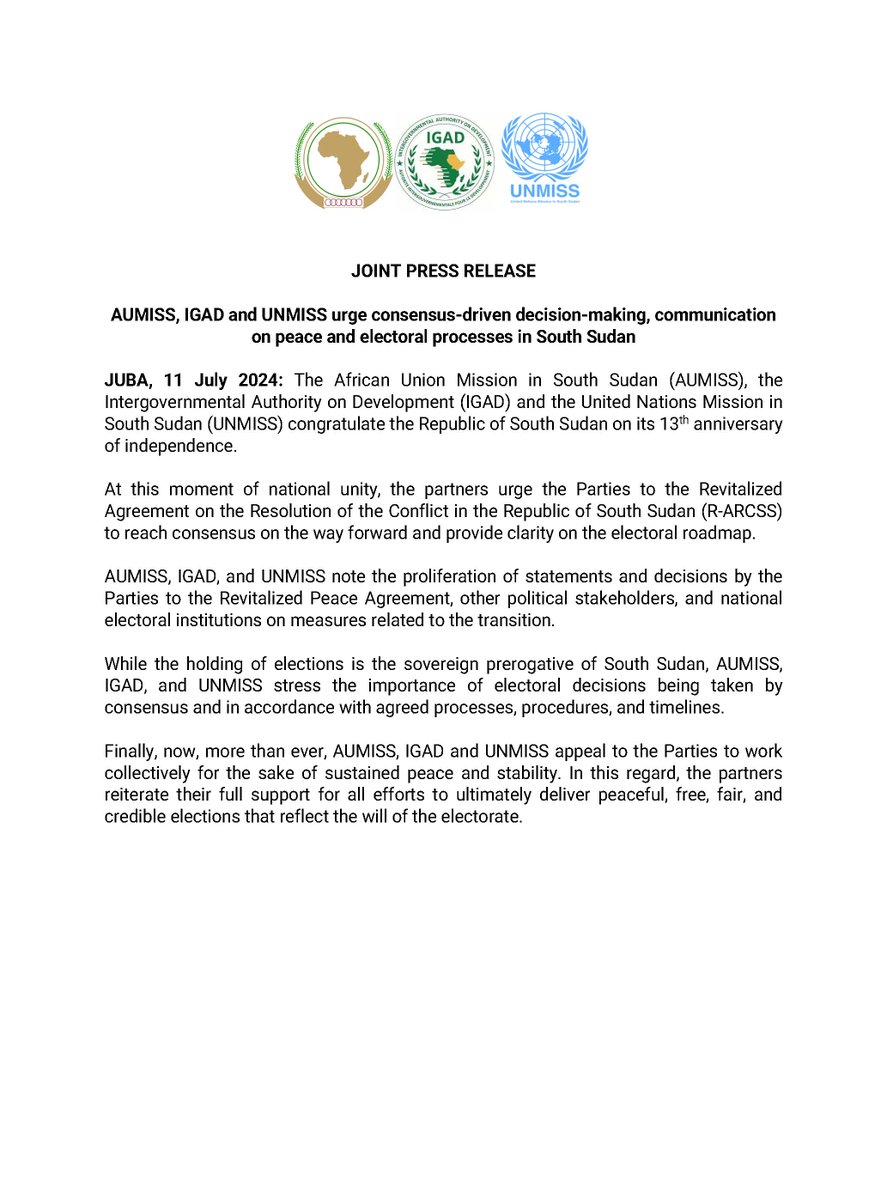 unmissmedia's tweet photo. #AUMISS, @IgadMissionSSD &amp; #UNMISS urge parties to the Revitalized Peace Agreement to provide clarity on the electoral roadmap + work collectively for sustained peace🕊️

Full press release📷https://t.co/K38gvh4geF #SouthSudan https://t.co/y5CLufkrWJ