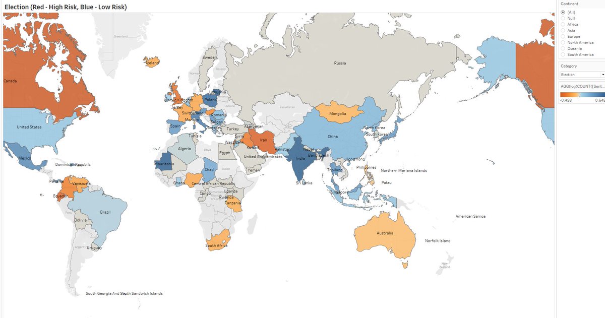 PermutableAI's tweet photo. Global elections on the horizon! ️Our AI-generated heatmap shows election risks by country. ️ 

What other geopolitical insights are you curious about?  Let us know! 

#GeopoliticalRisk #DataDrivenInsights #Geopolitics  #AI #BigData #DataAnalytics #PoliticsToday #Politics https://t.co/OJeRUgD03j