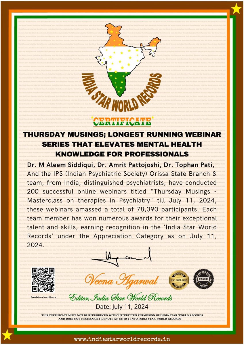 docaleem's tweet photo. Today is special, Myself, Dr Amrit Pattojoshi Dr Tophan Pati , Dr Vishal Chhabra , IPS Orissa State branch and our team , complete 200 episodes of Thursday Musings and in the process set an ‘Indian Record’ 😎😍, for the Longest running webinar series that elevates Mental Health knowledge for professionals as per India Star World Records! 🙏🏻

Thanks to all the 78,390 participants that kept us going 
@CIPRANCHIINDIA @NIMHANS_BLR @IMAIndiaOrg @aiims_newdelhi @IndianPsychiat1