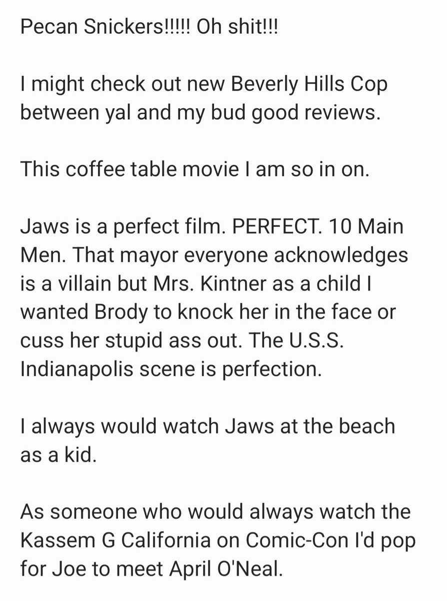 <a href="/CarJoeMeZ/">Car JoeMeZ</a> <a href="/thegomez154/">Mike Gomez</a> <a href="/TheJoeShoes/">Capt. Joe Shoes</a> great ep! Jaws is perfection. Mrs. Kintner is a top 5 movie villain. Deadpool &amp; Wolverine I will see but just don't care at this moment.