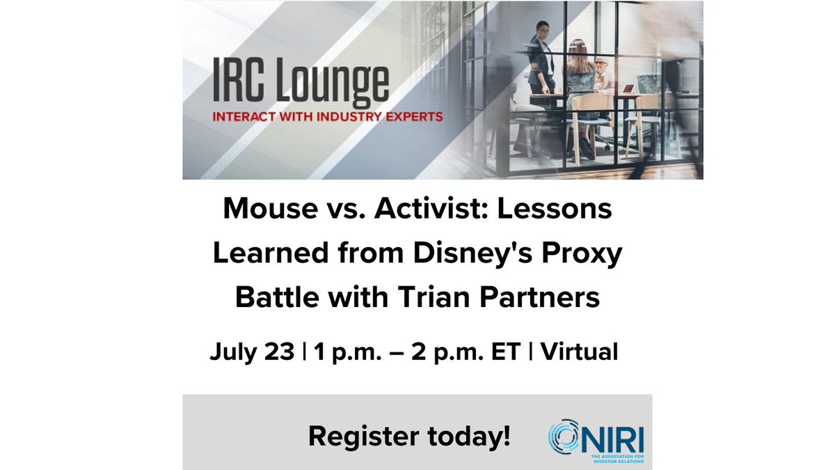 You are invited to an exclusive session featuring esteemed guests Bruce Goldfarb and Jean-Benoit Roquette. They will impart invaluable lessons learned from the Disney proxy battle involving Trian Partners. Register today for this free #NIRI event! niri.org/events/virtual…