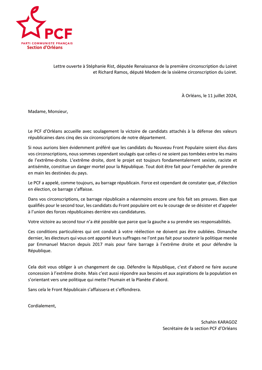 Schahin_k's tweet photo. Le PCF Orléans a adressé une lettre ouverte à @stephanie_rist et @_richardramos pour leur rappeler que s'ils ont été élu-es, c'est parce que les électeurs et électrices de gauche ont pris leurs responsabilités face à la menace de l'extrême droite.

Ce moment appelle à un changement de cap politique, pour l'Humain et la Planète d'abord.👇