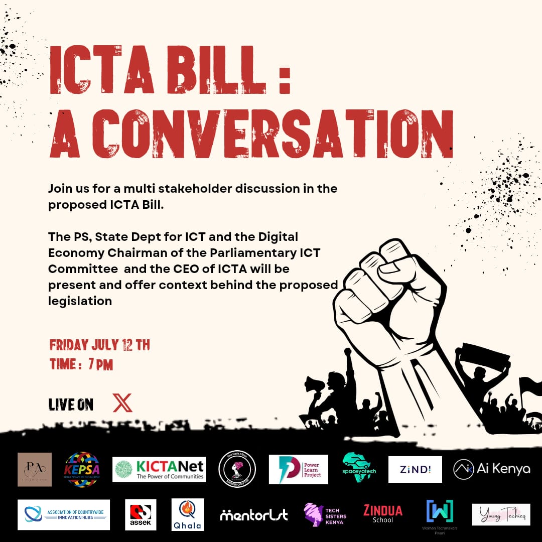 🔊🔊 Call to Action Techies!

The ICTA 2024 Bill conversation will happen. 

We want to give everyone an opportunity to air out their concerns and raise their voice. 

Fill in the google docs highlighting the clause you are addressing, the issue and justification.