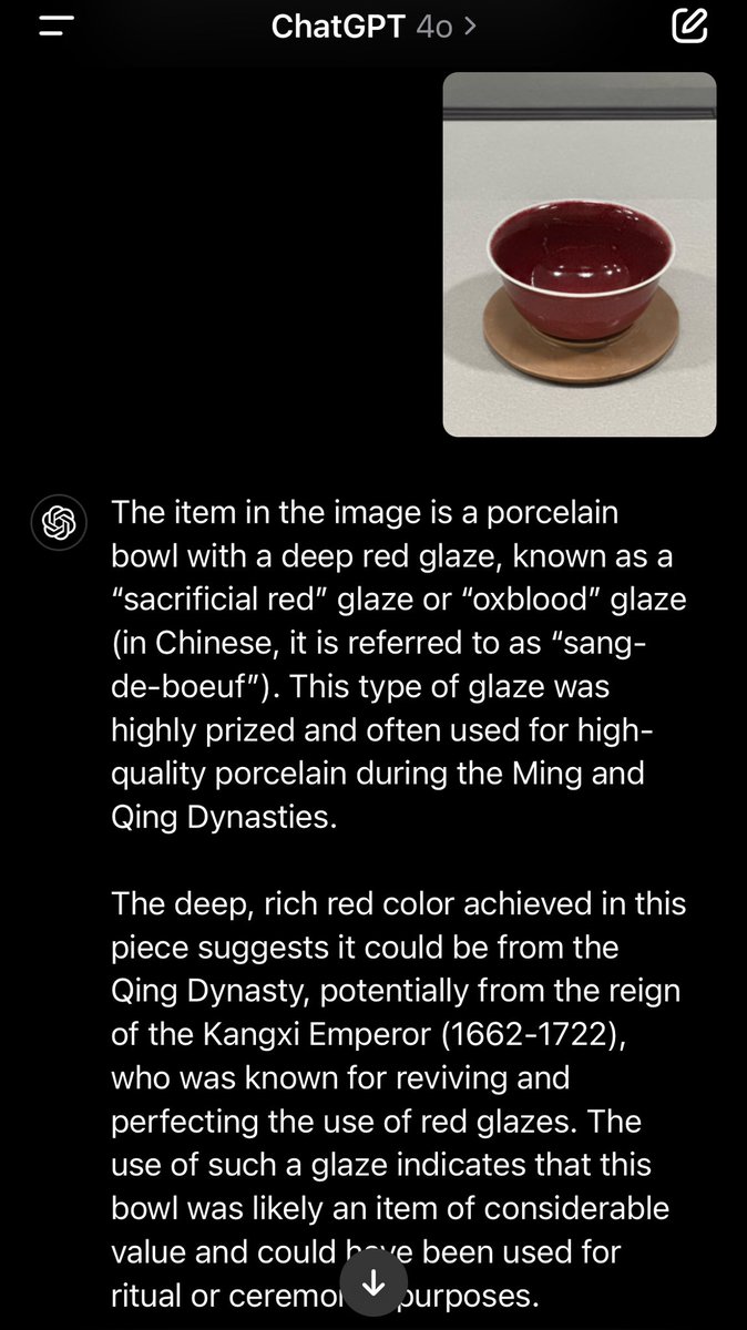 dickdongwang's tweet photo. @bgurley @joetimmons Was just there and used GPT-4o at Nat’l Taiwan Palace Museum. Identified objects ~90% accuracy. My guess > avg East Asian Art History major would do https://t.co/3x5F0bMEAo