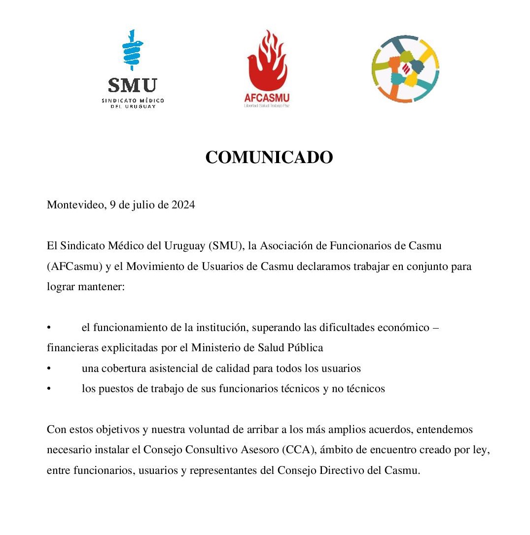smuruguay's tweet image. #Casmu ⚡️
📢 𝐂𝐨𝐦𝐮𝐧𝐢𝐜𝐚𝐝𝐨 𝐜𝐨𝐧𝐣𝐮𝐧𝐭𝐨 de la Asociación de Funcionarios de Casmu @𝐚𝐟𝐜𝐚𝐬𝐦𝐮, el 𝐌𝐨𝐯𝐢𝐦𝐢𝐞𝐧𝐭𝐨 𝐝𝐞 𝐔𝐬𝐮𝐚𝐫𝐢𝐨𝐬 𝐝𝐞 𝐂𝐚𝐬𝐦𝐮 𝐲 el Sindicato Médico del Uruguay @𝐬𝐦𝐮𝐫𝐮𝐠𝐮𝐚𝐲