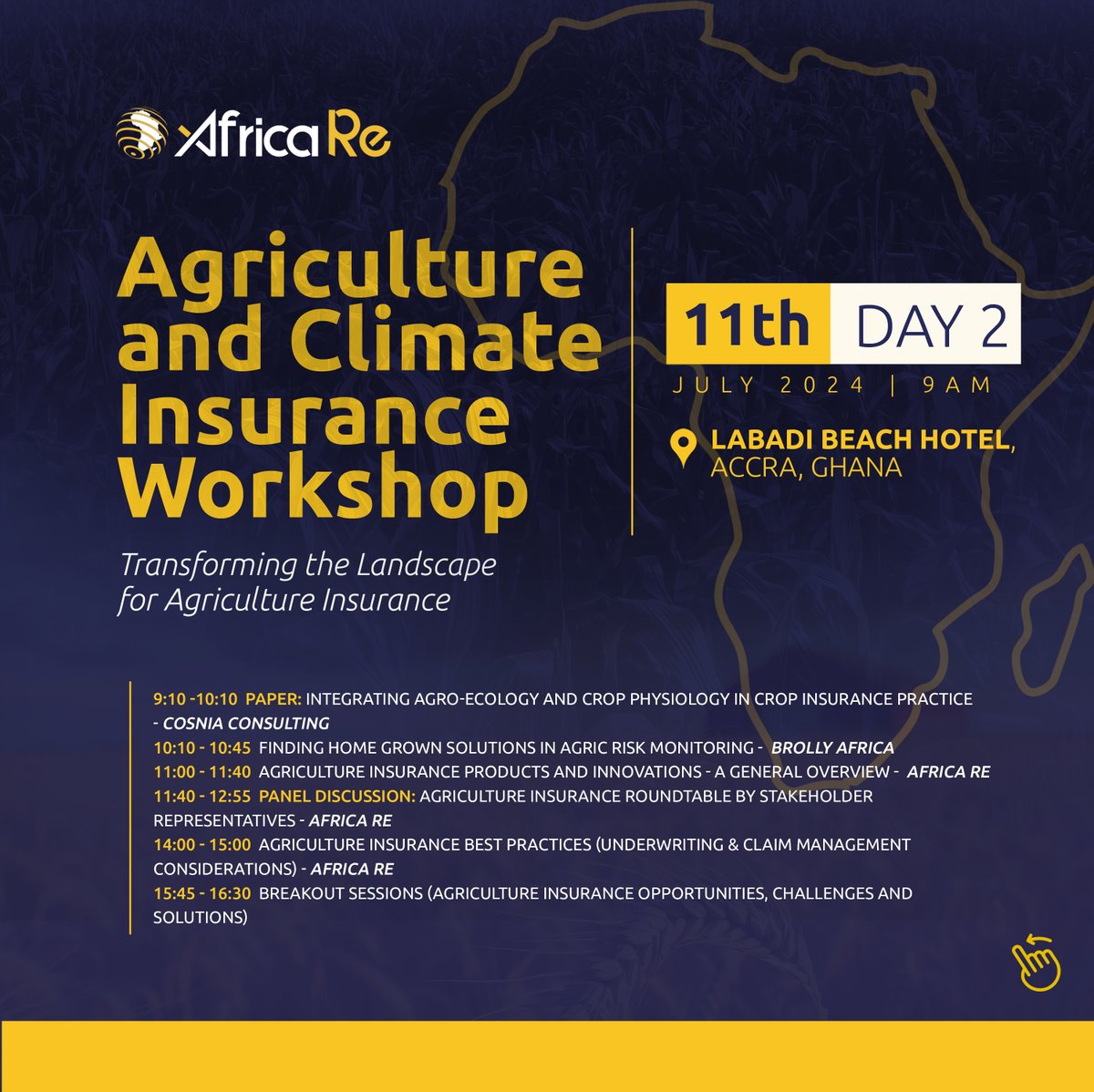 The Africa Re Agriculture Insurance Workshop in Accra, Ghana .
Welcome to Day 2. Explore topics like integrating agro-ecology and crop physiology in crop insurance, etc. Don't miss the panel discussion
 
#AfricaRe #AfricaREWorkshop2024 #AgricultureInsurance