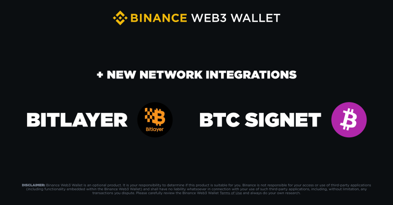 BinanceWallet's tweet photo. Your feedback matters! We've added more networks to #BinanceWeb3Wallet to meet your needs.

Discover new opportunities with two new chains: BTC Signet and Bitlayer.

Trade on these new chains now ⤵️