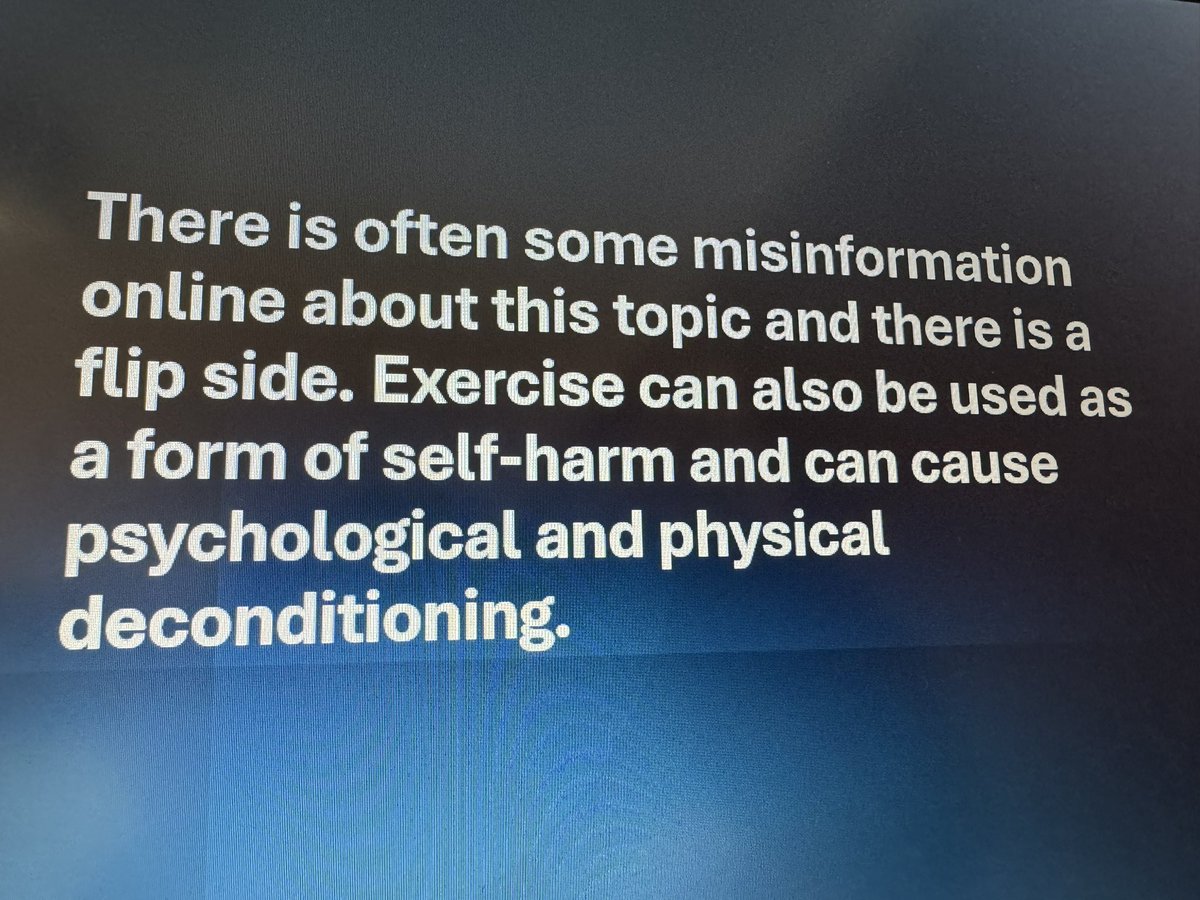 Listening to <a href="/nathannoliver/">Nathan Oliver</a> at the #EndPJparalysis summit recognising the interplay of mental health &amp; exercise - both the benefits of exercise enhancing mental health as well as when it may negatively impact mental health. Finding the balance is 🔑
<a href="/PhysiosinMH/">Chartered Physiotherapists in Mental Health</a> <a href="/PH_Hodgson/">Philip Hodgson</a>