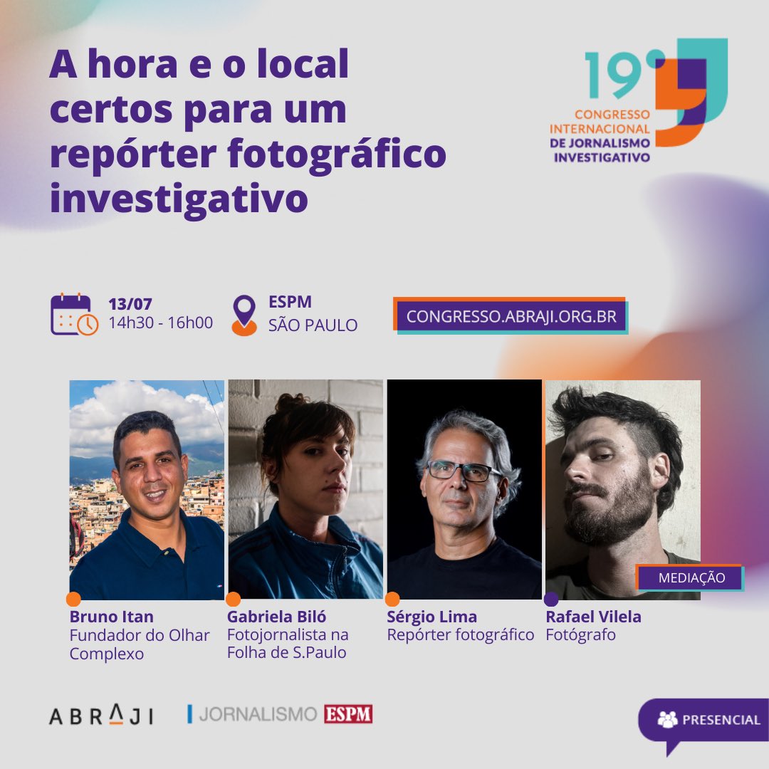 Próximo sábado, às 14:30 na EPSM-SP. Estarei participando do 19º Congresso da @abraji_ 
E ao lado de grandes nomes do fotojornalismo brasileiro, estarei contando um pouco da minha trajetória e história na fotografia. 
🙏🏽📸
.
#abraji #fotografia #brunoitan